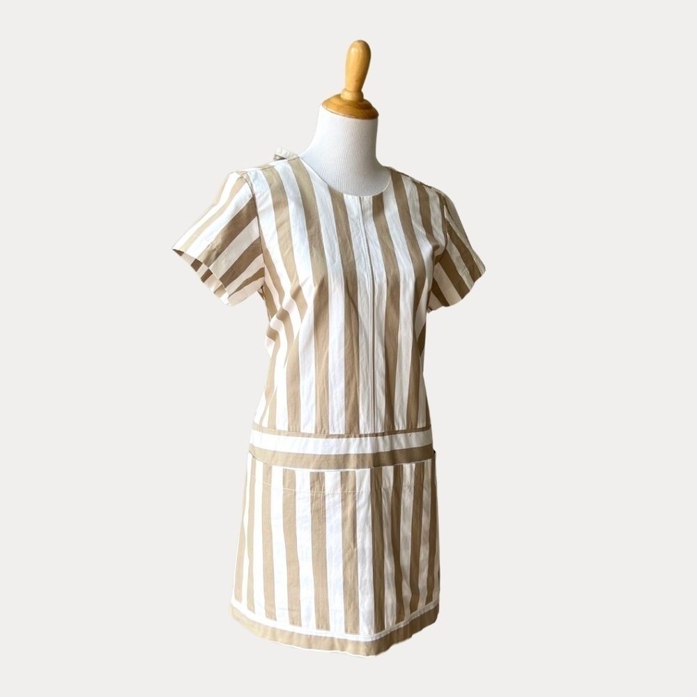 FABIANA PIGNA Striped Crew Neck Cotton Neutral Designer Dress Small